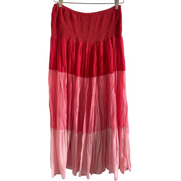 Oliphant Tiered Boho Maxi Skirt Pink Red Smocked Waist Size S - Picture 2 of 8